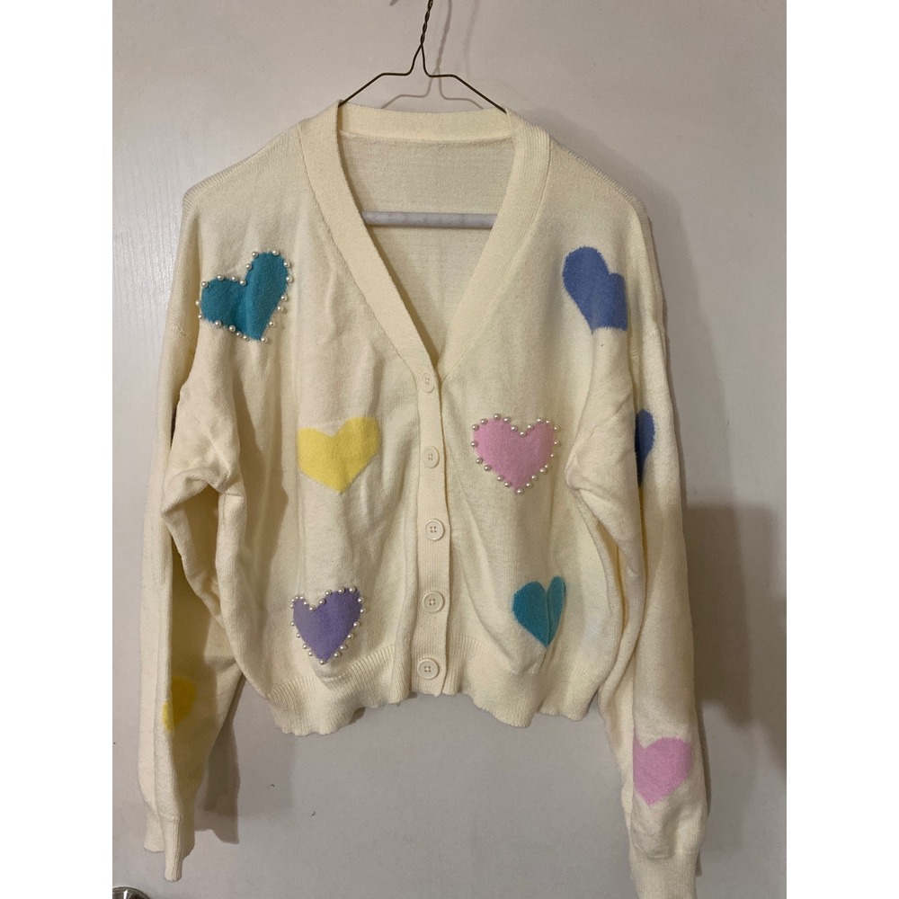 Pastel Heart Pearl Embellished Cream Cardigan Sweater V-Neck Button Front L-XL - Picture 2 of 8